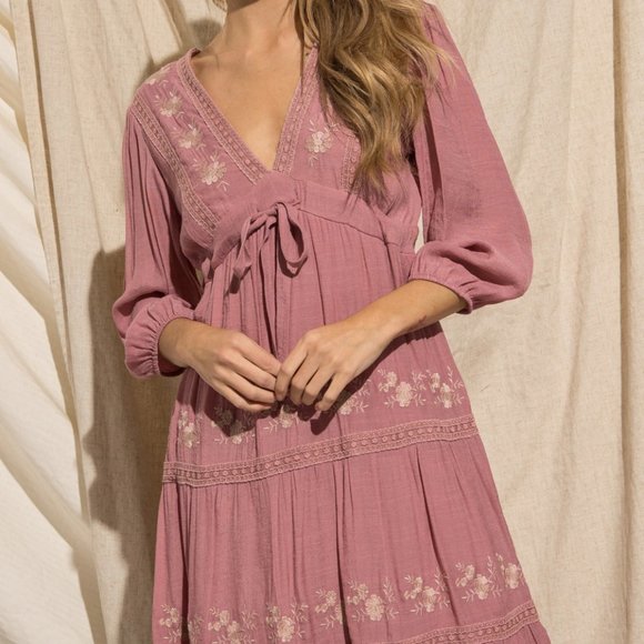 Baevely Dresses & Skirts - Ladies Pink Floral Embroidered Tiered Maxi Dress - FINAL CLEARANCE